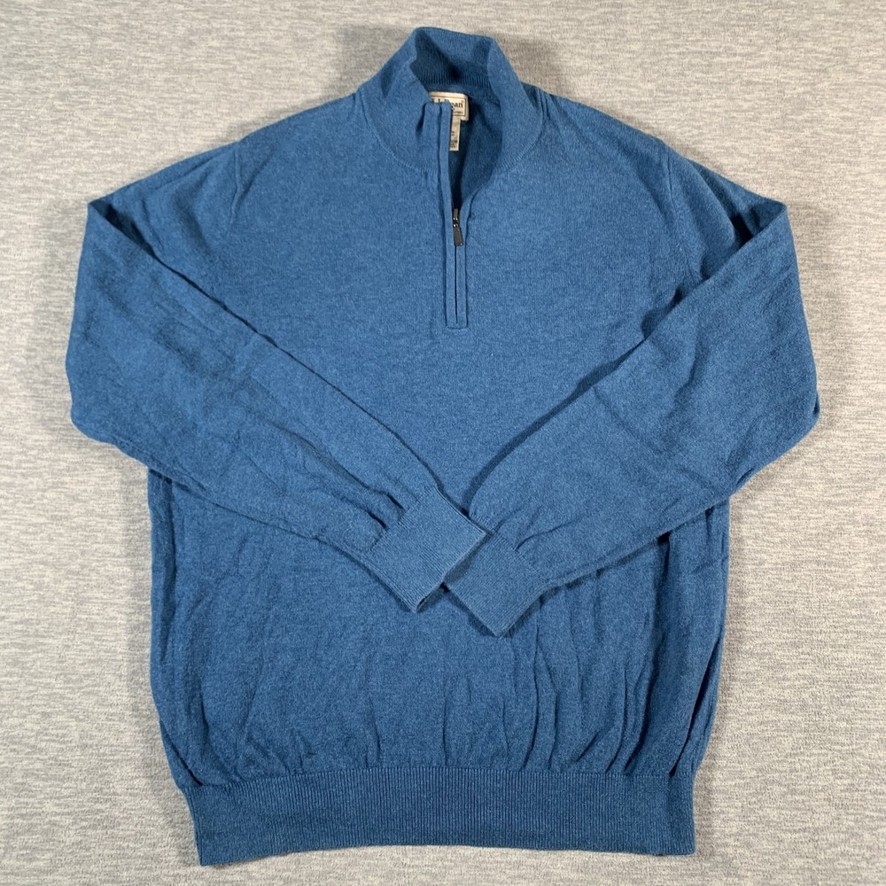 LL Bean Sweater Mens Medium Blue Half Zip Pullover Cotton Cashmere Lightweight‎